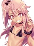  1girl bangs bare_shoulders bikini black_bikini breasts chloe_von_einzbern choker collarbone dark_skin eyelashes fate/kaleid_liner_prisma_illya fate_(series) grin hair_between_eyes hair_bobbles hair_ornament highres long_hair looking_at_viewer micro_bikini navel one_side_up orange_eyes pink_hair scrunchie simple_background small_breasts smile solo swimsuit tasaka_shinnosuke white_background wrist_scrunchie 