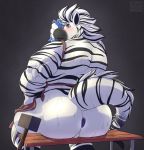  anthro anus bodily_fluids equid equine fluffysnowmeow hair hammer hi_res looking_back male mammal muscular muscular_male sitting solo striped_skin stripes sweat tools zebra 