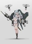  1girl absurdres bare_legs bare_shoulders black_footwear blue_eyes blush boots breasts collarbone commentary_request drone full_body gradient gradient_background grey_background groin hair_ornament highres holding holding_sword holding_weapon long_hair looking_at_viewer machinery mecha_musume midriff navel oota_youjo original parted_lips revealing_clothes shadow silver_hair small_breasts solo standing sword thighs two_side_up v-shaped_eyebrows weapon 