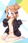  1girl abigail_williams_(fate/grand_order) absurdres bangs black_jacket blonde_hair blue_bow blue_eyes blush bow breasts collarbone crossed_bandaids eyebrows_visible_through_hair fate/grand_order fate_(series) food groin hair_bow hair_bun heroic_spirit_traveling_outfit highres holding holding_food jacket jin_young-in long_hair long_sleeves medium_breasts naked_coat navel no_shoes open_clothes open_jacket open_mouth orange_bow parted_bangs polka_dot polka_dot_bow popsicle sitting sleeves_past_fingers sleeves_past_wrists solo thighhighs wariza watermelon_bar white_legwear 