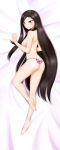  1girl absurdres alfred_cullado ass bangs banned_artist barefoot bed_sheet black_eyes black_hair breasts dakimakura from_above full_body highres incredibly_absurdres long_hair looking_at_viewer lying mache_(pokemon) medium_breasts on_bed on_side paid_reward panties parted_bangs patreon_reward pink_panties pokemon pokemon_(game) pokemon_xy shiny shiny_hair sideboob soles solo straight_hair string_panties topless underwear underwear_only very_long_hair 