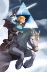  1girl artist_name black_cape black_pants blonde_hair blue_eyes boots braid bridle cape crest hair_ornament hairclip holding holding_sword holding_weapon horse horseback_riding long_sleeves master_sword outdoors pants pointy_ears princess_zelda riding saddle shattered_earth sidelocks solo stirrups sword the_legend_of_zelda the_legend_of_zelda:_breath_of_the_wild triforce watermark weapon white_horse 