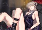  1boy 1girl absurdres bangs bare_shoulders belt black_footwear blush boots breasts cityscape dress eyebrows_visible_through_hair girls_frontline grey_scarf hair_between_eyes highres indoors leg_strap long_hair night one_side_up open_mouth pants purple_dress scar scar_across_eye scarf shirt sitting small_breasts smile ump45_(girls_frontline) window yellow_eyes yueqin_(monnpiano) 