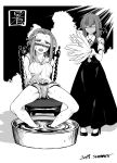  2girls alternate_costume breasts chair closed_eyes closed_mouth dress fan fanning forehead heat highres koakuma multiple_girls patchouli_knowledge sitting spread_legs standing sweat tetsua_rei touhou water 