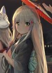 2girls absurdres ahoge bangs bare_shoulders black_kimono blush building close-up commentary_request expressionless eyebrows_visible_through_hair fox_mask g11_(girls_frontline) girls_frontline green_eyes hair_ornament hair_over_breasts hair_over_shoulder highres hk416_(girls_frontline) holding holding_umbrella house japanese_clothes kimono lake lights long_hair looking_at_viewer mask mountain multiple_girls night night_sky obi open_mouth oriental_umbrella ponytail sash scenery shiny shiny_clothes shiny_hair shiny_skin side_ponytail silver_hair sky tagme umbrella very_long_hair vividyume water white_kimono wide_sleeves 