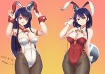  2girls alternate_costume animal_ears artist_name black_hair black_legwear bow bowtie breasts bunny_ears bunny_girl bunnysuit cleavage commentary_request cowboy_shot dated detached_collar fake_animal_ears fusou_(kantai_collection) gradient gradient_background hair_ornament highleg highleg_leotard highres kantai_collection leotard long_hair looking_at_viewer medium_breasts mokerou multiple_girls orange_background pantyhose red_eyes red_leotard short_hair strapless strapless_leotard tray white_leotard wrist_cuffs yamashiro_(kantai_collection) 