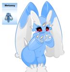  anthro anthrofied black_sclera blue_fur blush butt claws elpatrixf eyelashes female fur fusion horn hybrid lagomorph long_ears lopunny mammal metagross mouthless navel nintendo pok&eacute;mon pok&eacute;mon_(species) pok&eacute;mon_fusion pok&eacute;morph red_eyes shy simple_background solo spikes video_games white_background white_fur wide_hips 