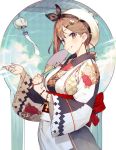  1girl alternate_costume atelier_(series) atelier_ryza breasts brown_eyes brown_hair fan from_side hair_ornament hairclip highres holding holding_fan japanese_clothes kimono large_breasts looking_at_viewer paper_fan reisalin_stout solo toridamono uchiwa upper_body white_headwear yukata 