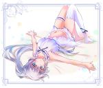  1girl bare_arms bare_shoulders bed black_ribbon blue_eyes collarbone commentary_request facial_scar highres iesupa long_hair looking_at_viewer lying midriff navel on_back ponytail ribbon rwby scar scar_across_eye single_garter single_thighhigh sleepwear solo thighhighs translucent weiss_schnee white_hair white_legwear 