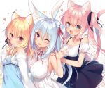  3girls :d ;p animal_ear_fluff animal_ears bangs black_ribbon black_skirt blonde_hair blue_dress blue_eyes blue_hair blush braid breasts bunny_ears cat_ears cat_girl cat_tail closed_mouth collared_dress commentary_request dress eyebrows_visible_through_hair fang fingernails fox_ears frilled_skirt frills hair_between_eyes hair_ribbon hand_up hands_on_another&#039;s_shoulders heart high-waist_skirt large_breasts long_hair long_sleeves medium_breasts multiple_girls neck_ribbon off-shoulder_shirt off_shoulder one_eye_closed open_mouth original pink_hair puffy_short_sleeves puffy_sleeves red_eyes red_ribbon ribbon sazaki_ichiri shirt short_sleeves skirt sleeveless sleeveless_dress sleeves_past_wrists small_breasts smile suspender_skirt suspenders tail tail_raised tongue tongue_out twintails very_long_hair white_background white_dress white_shirt 