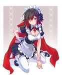 1girl absurdres alternate_costume apron black_dress black_hair breasts cape cleavage commentary_request dress enmaided frilled_apron frills garters gradient_hair highres iesupa kneeling looking_at_viewer maid maid_apron maid_headdress mary_janes multicolored_hair puffy_short_sleeves puffy_sleeves red_cape red_hair ruby_rose rwby shoes short_hair short_sleeves silver_eyes solo thighhighs two-tone_hair waist_apron white_apron white_legwear wrist_cuffs 