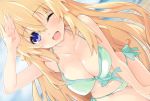  1girl bikini blonde_hair blue_eyes blush breasts cleavage green_bikini iwasi-r large_breasts long_hair looking_at_viewer navel neptune_(series) one_eye_closed open_mouth salute smile solo swimsuit vert very_long_hair 