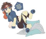  2019 blue_fur bottomwear brown_eyes brown_hair chest_tuft clothed clothing digital_media_(artwork) english_text featureless_crotch fezmangaka fur hair hi_res human jacket keldeo legendary_pok&eacute;mon long_hair lying male mammal mane nintendo on_side partially_clothed pok&eacute;mon pok&eacute;mon_(species) shirt shorts solo species_transformation spread_legs spreading text topwear torn_clothing transformation tuft video_games worried yellow_fur 