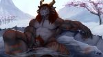  16:9 animal_genitalia anthro charr facial_hair felid goatee guild_wars horn looking_at_viewer male mammal muscular muscular_male nude outside partially_submerged pubes sheath smile solo video_games zephyxus 