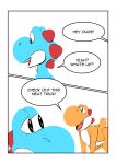  absurd_res blue_yoshi comic dialogue english_text hi_res humor komdog mario_bros nintendo orange_yoshi teeth text tongue video_games yoshi 