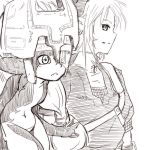 1:1 2016 370ml armor bare_shoulders breasts clothing duo featureless_breasts female hair headgear helmet humanoid humanoid_pointy_ears hylian link male markings mask midna monochrome nintendo not_furry simple_background smile surprise the_legend_of_zelda thick_thighs twili twilight_princess video_games white_background 