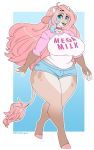  anthro big_breasts blithedragon blue_eyes bottomwear bovid bovine breasts clothing ear_piercing ear_ring female hair hi_res hooves horn huge_breasts long_hair looking_at_viewer mammal piercing pink_hair shirt shorts smile solo thick_thighs topwear voluptuous wide_hips 