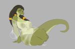  anthro big_breasts breasts clothing dreadlocks female hair hi_res ikshun lizard looking_at_viewer nipples non-mammal_breasts pussy reptile scalie smile solo thick_thighs translucent translucent_clothing wide_hips yogoat 
