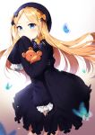  1girl abigail_williams_(fate/grand_order) absurdres bangs black_bow black_dress black_headwear blonde_hair blue_eyes blush bow brown_background bug butterfly commentary_request covered_mouth dress eyebrows_visible_through_hair fate/grand_order fate_(series) fingernails forehead gradient gradient_background hair_bow hat highres insect kshliho long_hair long_sleeves looking_at_viewer object_hug orange_bow parted_bangs polka_dot polka_dot_bow sleeves_past_fingers sleeves_past_wrists solo stuffed_animal stuffed_toy teddy_bear very_long_hair white_background 