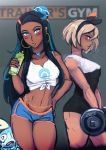  1other 2girls adapted_costume belly_chain black_hair black_hairband blue_eyes blue_hair blush bottle breasts choker commentary crop_top dark_skin dumbbell earrings english_commentary exercise forehead front-tie_top gem gym_leader hairband hoop_earrings iahfy jewelry long_hair midriff multicolored_hair multiple_girls navel pokemon pokemon_(creature) pokemon_(game) pokemon_swsh rurina_(pokemon) saitou_(pokemon) short_hair short_shorts shorts silver_hair small_breasts sobble standing stomach toned two-tone_hair unitard water_bottle 