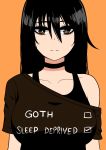  1girl absurdres bags_under_eyes black_choker black_hair breasts brown_eyes checkbox choker clothes_writing collarbone english_text expressionless hair_between_eyes highres jitome large_breasts long_hair off_shoulder orange_background original shirt solo t-shirt the_only_shoe truth 