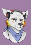  absurd_res bandanna brown_eyes cable canid canine canis domestic_dog fur headphones headshot_portrait hi_res lyricwulf male mammal portrait shaded simple_background thathornycat white_fur wolf 