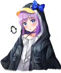  1girl animal_hood bangs bird black_jacket blue_bow blue_choker blue_eyes blush bow choker collarbone commentary_request cropped_torso eyebrows_visible_through_hair fate/grand_order fate_(series) head_tilt highres hood hood_up hooded_jacket jacket kubong long_hair looking_at_viewer meltryllis meltryllis_(swimsuit_lancer)_(fate) parted_lips penguin penguin_hood purple_hair revision simple_background solo upper_body white_background 