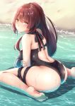  1girl alternate_costume ass bangs bare_shoulders barefoot beach bit_(keikou_syrup) black_swimsuit blush breasts casual_one-piece_swimsuit day eyebrows_visible_through_hair from_behind girls_frontline highres holding_arm large_breasts leaning_forward long_hair looking_at_viewer looking_back ocean one-piece_swimsuit outdoors parted_lips ponytail purple_hair red_eyes sand shiny shiny_clothes sitting skindentation solo swimsuit thigh_strap very_long_hair wa2000_(girls_frontline) wariza wet 