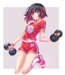  1girl absurdres breasts commentary_request dumbbell exercise eyebrows_visible_through_hair gradient_hair grey_background gym_shorts gym_uniform highres holding iesupa looking_at_viewer medium_breasts multicolored_hair navel red_hair red_shirt ruby_rose rwby shirt shoes short_hair short_sleeves shorts silver_eyes simple_background smile sneakers socks solo sportswear sweat two-tone_hair weightlifting weights 