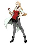  1girl blonde_hair blouse bracelet breasts coat earrings genzoman highres jewelry lipstick long_hair makeup olive_(pokemon) pantyhose poke_ball pokemon pokemon_(game) pokemon_swsh red_blouse skirt solo 