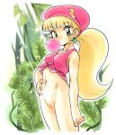  1girl armpits belly blonde_hair bottomless bubble_gum dixie_kong donkey_kong_(series) donkey_kong_country_2 earrings female female_focus female_only forest gijinka green_eyes hair hand_on_hip humanized looking_at_viewer navel nintendo outdoors ponytail pussy shirt sleeveless solo solo_focus sunlight tied_shirt tree vagina 