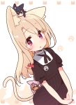  3girls animal_ear_fluff animal_ears bangs black_dress black_hair blush brown_eyes cat_ears cat_girl cat_tail chibi chloe_von_einzbern commentary_request dark_skin dress dutch_angle ear_down eyebrows_visible_through_hair fate/kaleid_liner_prisma_illya fate_(series) hair_between_eyes hands_together illyasviel_von_einzbern kemonomimi_mode light_brown_hair long_hair minigirl miyu_edelfelt multiple_girls on_head own_hands_together parted_lips paw_background pink_hair pleated_dress puffy_short_sleeves puffy_sleeves red_eyes short_sleeves star tail white_background yellow_eyes yoru_nai 