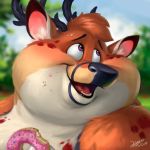  1:1 2019 absurd_res anthro antlers blush bodily_fluids brown_fur cervid chubby_cheeks detailed_background double_chin doughnut food fur headshot_portrait hi_res holding_food holding_object horn icon kygen male mammal open_mouth open_smile outside overweight overweight_male portrait ray_the_buck signature smile solo sweat sweatdrop white_fur 
