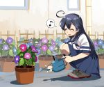  1girl ^_^ ahoge bangs blue_hair blue_skirt blush breast_press breasts closed_eyes day eyebrows_visible_through_hair flower flower_pot holding holding_watering_can kantai_collection kozou_(rifa) large_breasts long_hair musical_note open_mouth outdoors plant pleated_skirt potted_plant sailor_collar school_uniform serafuku short_sleeves skirt socks solo speech_bubble squatting ushio_(kantai_collection) watering_can 