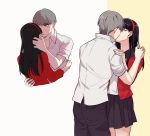  1boy 1girl amagi_yukiko black_hair blush closed_eyes commentary_request grey_hair hairband highres hug image_sample kiss korean_commentary long_hair narukami_yuu persona persona_4 pleated_skirt road9ame skirt twitter_sample 