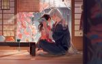  1boy 1girl absurdres barefoot blurry_foreground brown_hair facial_mark floral_print food forehead_mark fruit hexagon highres indoors inuyasha japanese_clothes kimono long_hair looking_at_another orange pink_kimono pointy_ears sesshoumaru silver_hair sitting sliding_doors table tatami teapot white_hair wind_chime 