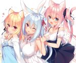  animal_ears aqua_eyes blonde_hair blue_hair blush breasts bunny_ears bunnygirl catgirl dress fang foxgirl long_hair original pink_hair ponytail red_eyes ribbons sazaki_ichiri tail twintails waifu2x white wink 