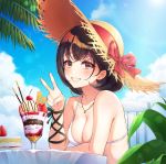  1girl bangs bikini black_hair blue_sky blush bow breasts cake chair cherry cloud collarbone day elbows_on_table food fruit glass grin hand_up hat hat_bow ice_cream inchangboy2 jewelry lips looking_at_viewer medium_breasts original outdoors palm_tree parfait pendant pocky sitting sky slice_of_cake smile solo straw_hat strawberry sunlight swimsuit table tree upper_body v wafer water_drop white_bikini 