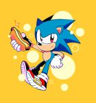  2019 absurd_res anthro bread chili_dog clothing eulipotyphlan food footwear gloves hair hair_bun handwear hedgehog hi_res humanoid_pointy_ears legwear looking_at_viewer male mammal meat nkognz quills sega shoes simple_background smile socks solo sonic_(series) sonic_the_hedgehog video_games yellow_background 
