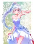  1girl absurdres bare_arms bare_shoulders belt blue_eyes braid breasts cleavage collarbone commentary_request dress earrings highres iesupa jewelry long_braid long_hair looking_at_viewer rwby scar scar_across_eye side_braid single_braid snowflake_print solo strapless strapless_dress tiara weiss_schnee white_belt white_dress white_hair 