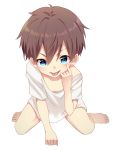  1boy :p barefoot blue_eyes brown_hair feet hair_between_eyes highres looking_at_viewer male_focus naked_shirt original ronba1125 shirt simple_background sitting smile solo tongue tongue_out wariza white_background 
