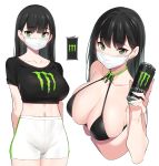  1girl bare_shoulders bikini black_bikini black_hair black_shirt breasts can cleavage collarbone commentary_request crop_top energy_drink green_eyes halter_top halterneck hand_up large_breasts long_hair looking_at_viewer midriff monster_energy multiple_views navel original pop_kyun shirt short_shorts short_sleeves shorts surgical_mask swimsuit white_shorts 