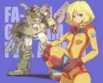  1girl beam_cannon blonde_hair blue_background blue_eyes bodysuit commentary_request gundam gundam_msv headwear_removed heavy_full_armor_gundam helmet helmet_removed mamecchi mecha parted_lips sayla_mass shoulder_cannon 