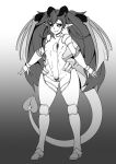  1girl armor bangs bikini bikini_armor black_sclera covered_nipples demon_girl demon_horns demon_tail demon_wings elakan eyebrows_visible_through_hair fang full_body greyscale highres horns lilim_(monster_girl_encyclopedia) long_hair looking_at_viewer monochrome monster_girl monster_girl_encyclopedia open_mouth pussy simple_background slit_pupils smile solo standing swimsuit tail thong_bikini twintails very_long_hair wings 
