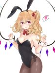  1girl :d alternate_costume animal_ears bangs bare_arms bare_shoulders black_hairband blonde_hair blush bow bowtie breasts brown_legwear bunny_ears bunny_tail bunnysuit cleavage commentary_request covered_navel cowboy_shot detached_collar eyebrows_visible_through_hair fake_animal_ears fake_tail fang flandre_scarlet groin hair_between_eyes hair_ribbon hairband hands_up heart highres long_hair looking_at_viewer medium_breasts no_hat no_headwear one_side_up open_mouth pantyhose partial_commentary red_bow red_eyes red_neckwear red_ribbon ribbon simple_background skin_fang smile solo spoken_heart standing tail thighs tosakaoil touhou white_background wrist_cuffs 