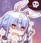  2girls anger_vein animal_ear_fluff animal_ears bandaged_head bandages bangs black_gloves blue_hair braid bunny_ears bunny_girl carrot carrot_hair_ornament closed_eyes extra_ears eyebrows_visible_through_hair food_themed_hair_ornament gloves hair_ornament hololive kuro_(kuroneko_no_kanzume) long_braid multicolored_hair multiple_girls open_mouth pointy_ears scarf shiranui_flare skull skull_print smile speech_bubble sweatdrop symbol-shaped_pupils twin_braids two-tone_hair usada_pekora virtual_youtuber wavy_mouth white_hair 