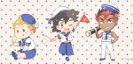  3boys ahoge alternate_costume anchor_symbol arm_up artist_name bangs bare_shoulders beret between_legs black_eyes black_hair blue_footwear blue_headwear blue_neckwear blue_sailor_collar blue_shirt blue_shorts blush blush_stickers brown_eyes brown_hair chibi closed_mouth dark_skin dark_skinned_male flag food full_body gen_7_pokemon grin hand_between_legs hand_up happy hat holding ice_cream kaki_(pokemon) leg_up licking_lips lightning_bolt looking_at_viewer looking_to_the_side male_focus mamane_(pokemon) mei_(maysroom) midriff_peek multicolored_hair multiple_boys navel neckerchief necktie one_eye_closed open_mouth orange_hair outstretched_arms pants poke_ball_theme pokemon pokemon_(anime) pokemon_sm_(anime) polka_dot polka_dot_background red_hair sailor_collar sailor_shirt satoshi_(pokemon) shiny shiny_hair shirt shoes short_sleeves shorts signature simple_background sitting sleeveless sleeveless_shirt smile socks spyglass standing standing_on_one_leg striped striped_shirt sweat teeth togedemaru tongue tongue_out trial_captain two-tone_hair white_headwear white_legwear white_pants white_shirt 