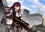  1girl absurdres artist_request blue_sky building bullpup city cloud cloudy_sky commentary_request eyebrows_visible_through_hair girls_frontline gloves gun highres looking_at_viewer purple_hair red_eyes rifle ruins scope sky sniper_rifle solo wa2000_(girls_frontline) walther walther_wa_2000 weapon 