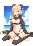  1girl ;d ahoge bare_shoulders bikini black_bikini black_bow black_gloves black_legwear black_scarf bow breasts brown_eyes brown_hair cleavage double_w elbow_gloves fate/grand_order fate_(series) gloves hair_bow half_updo hands_up highleg highleg_bikini highres large_breasts looking_at_viewer navel no_shoes okita_souji_(fate)_(all) okita_souji_(swimsuit_assassin)_(fate) one_eye_closed open_mouth scarf short_hair single_glove sitting smile solo sweatband swimsuit thighhighs w wariza yuzu-aki 