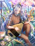  1girl androgynous artist_name biwa_lute blue_skirt bottle brown_eyes brown_legwear brown_sweater chair cherry_blossoms company_name cup day drink eyes_visible_through_hair flower flower_necklace hanami instrument interitio jewelry knee_up long_hair looking_at_viewer lute_(instrument) music necklace official_art outdoors pantyhose pipa_(instrument) playing_instrument silver_hair sitting skirt smile spring_(season) string_of_flags sweater teacup tenka_touitsu_chronicle tent very_long_hair watermark 